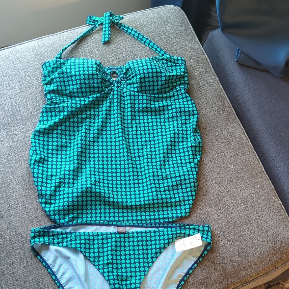 Maternity XL Swimsuit Oh Baby By Motherhood Teal Polka Dot Halter